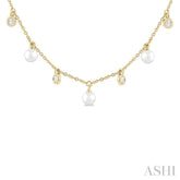 4 MM Round Shape Cultured Pearl and 1/4 Ctw Round Cut Diamond Station Necklace in 14K Yellow Gold